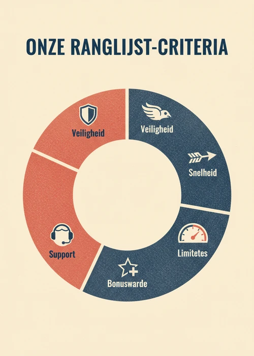 Ranglijst-criteria voor de top 5 Paysafecard casino als donut: veiligheid, snelheid, limieten, bonuswaarde en support.