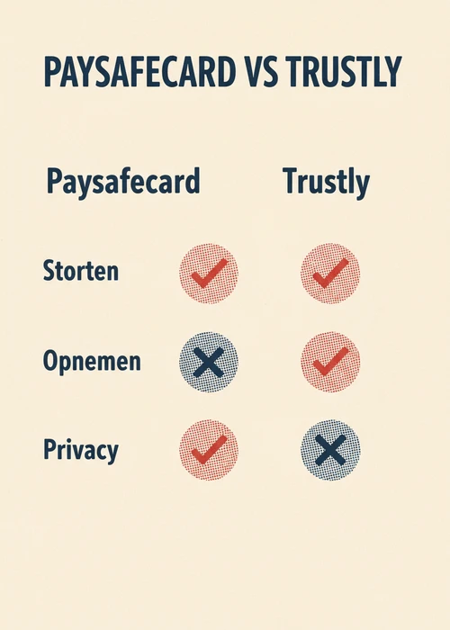 Paysafecard versus Trustly bij een casino vergeleken op storten, opnemen en privacy in een tabel.