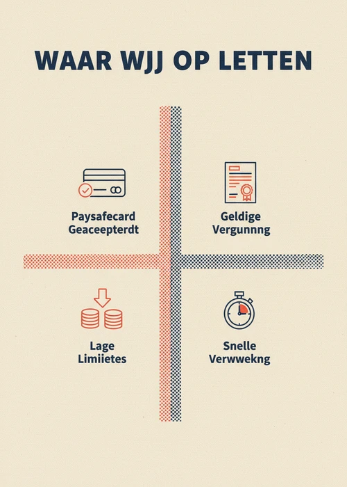 Waar wij op letten bij Paysafecard casino sites: Paysafecard geaccepteerd, geldige vergunning, lage limieten en snelle verwerking.