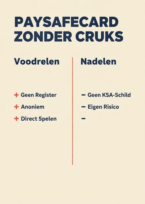 Voor- en nadelen van Paysafecard casino zonder Cruks: geen register en anoniem tegenover geen KSA-schild en eigen risico.