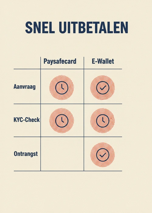 Snel uitbetalen bij Paysafecard casino: Paysafecard en e-wallet vergeleken op aanvraag, KYC-check en ontvangst in een tabel.